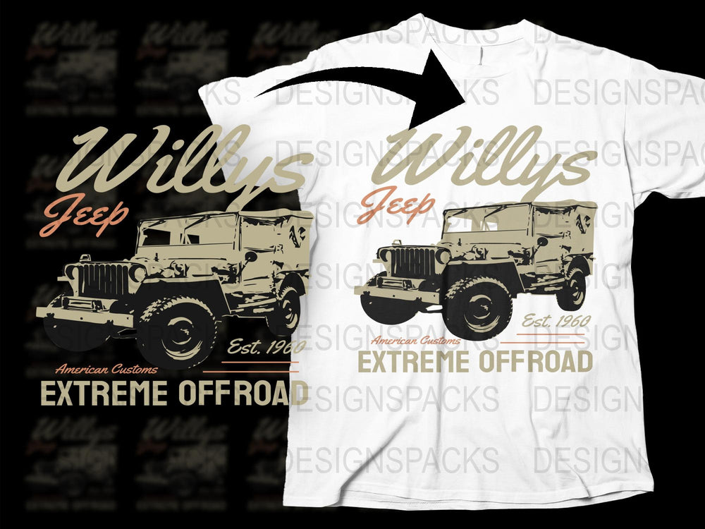 Vintage Willys Jeep T-Shirt, Classic Car Enthusiast, Extreme Offroad Graphic Tee, American Customs Est. 1960 Design