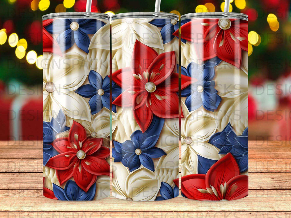 Red, white, and blue floral pattern on a cylindrical tumbler.