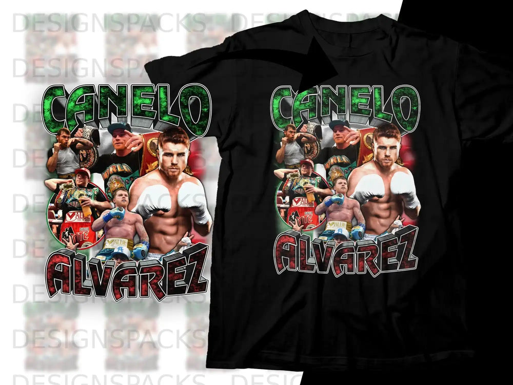 Canelo Alvarez boxing graphic t-shirt with fighter portrait and text.
