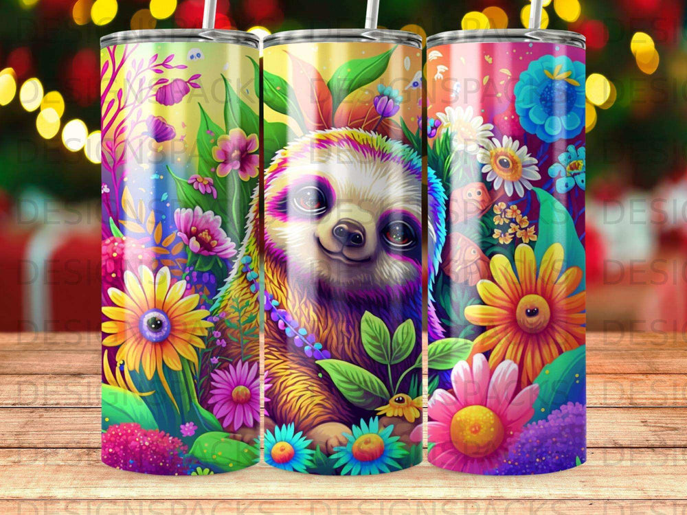 Sloth in vibrant floral pattern on tumbler.