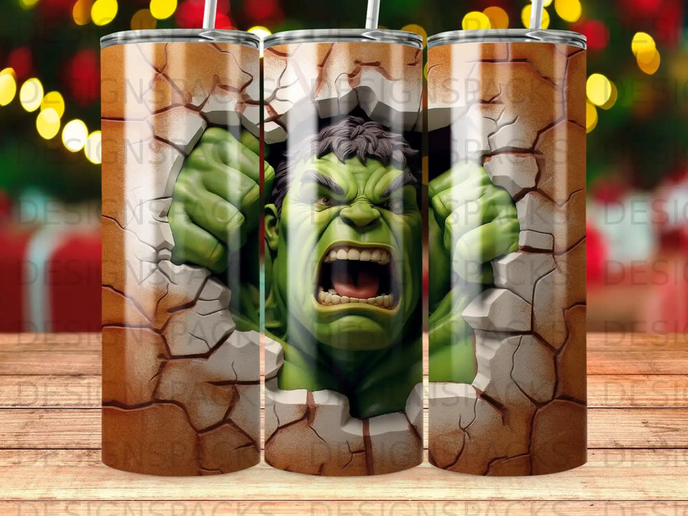 Hulk breaking through a wall, on a tumbler.