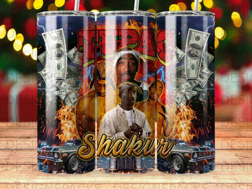Tupac Shakur with cash, flames, and muscle cars, "Shakur" text.