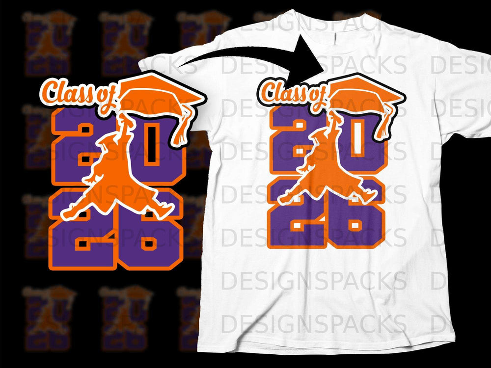 Class of 2026 graduation graphic with cap and diploma on white t-shirt.
