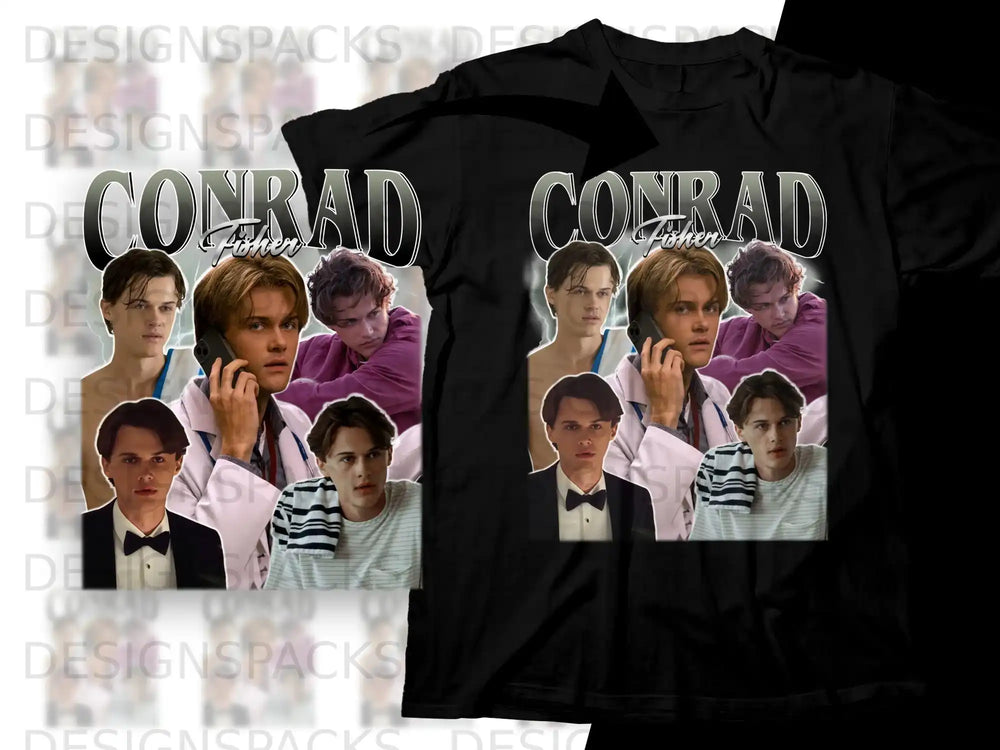 Collage of photos featuring actor Conrad Fisher on a black t-shirt.