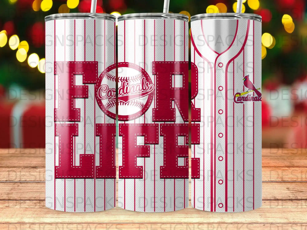 Red and white baseball-themed tumblers with "FOR LIFE" and Cardinals logo.