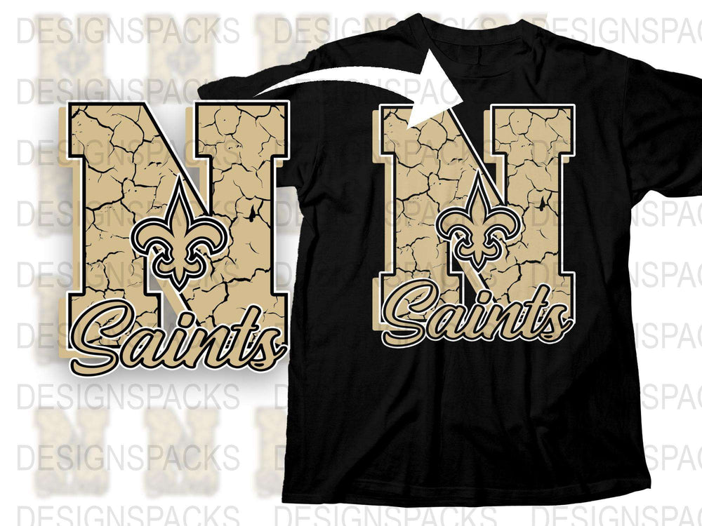 New Orleans Saints T-Shirt Vintage Crack Pattern Design Black and Gold Fan Wear
