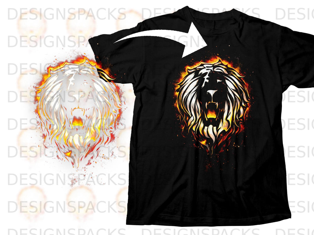 Black t-shirt with a flaming lion graphic centered on the chest.