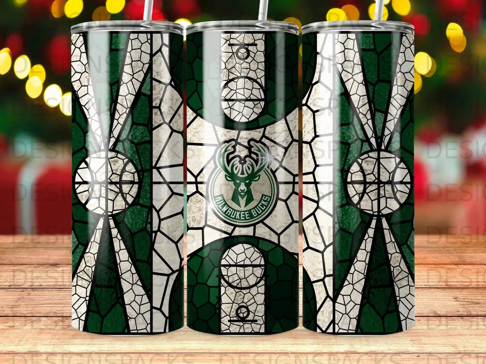 Milwaukee Bucks logo on a green and white mosaic pattern tumbler.