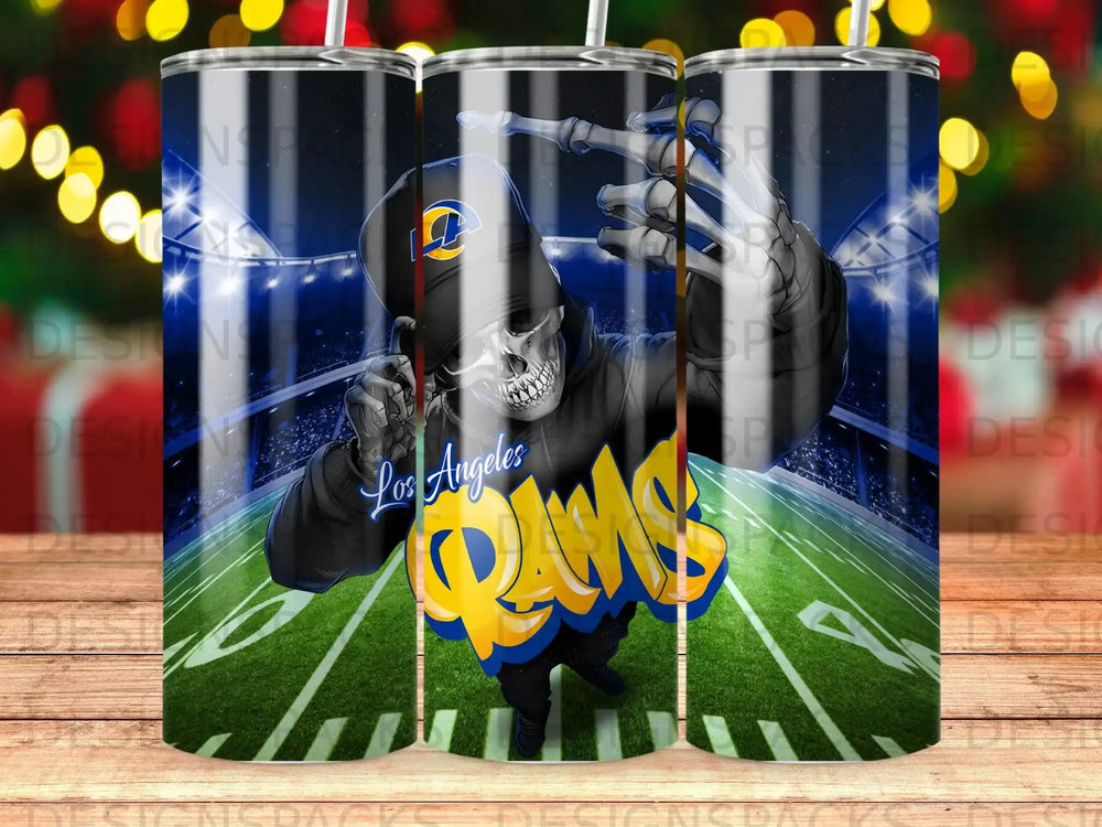Los Angeles Rams skull mascot on a football field with stadium lights.
