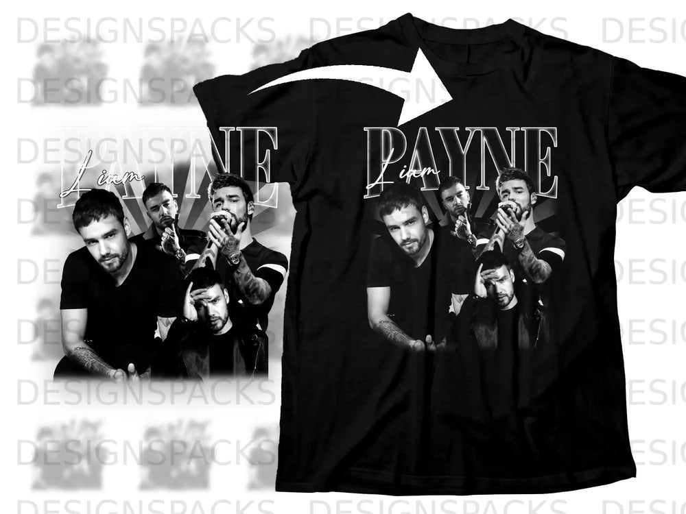 Black t-shirt with Liam Payne's face repeated in a collage, "Liam Payne" text.