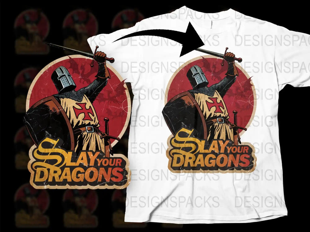 Slay Your Dragons Graphic T-Shirt, Vintage Fantasy Knight Design, Retro Style Gamer Tee, Gift for RPG Fans
