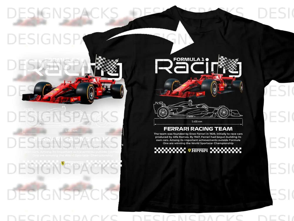 Ferrari Formula 1 car diagram with team history text.