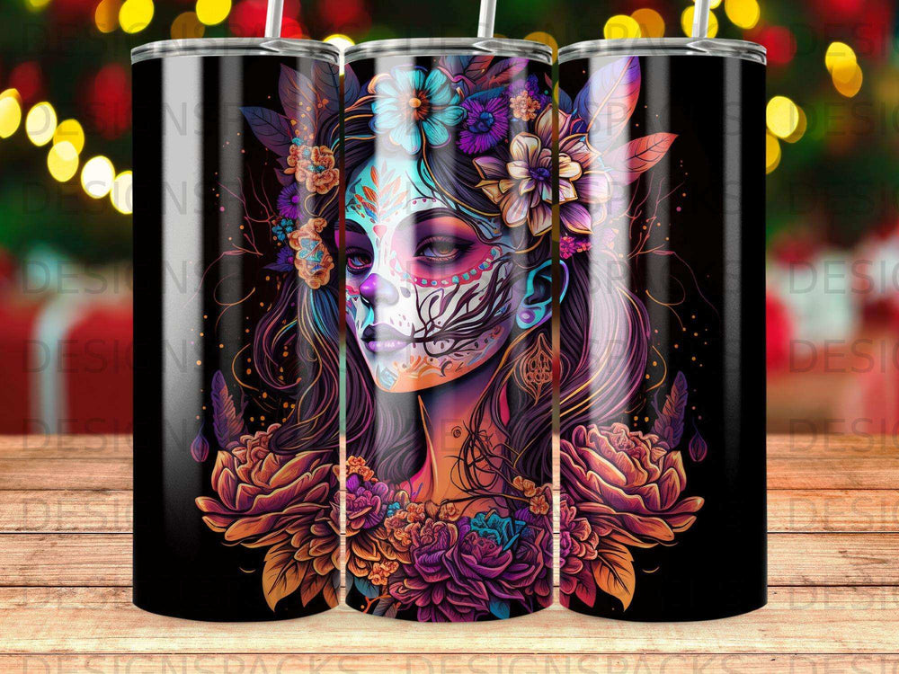 Sugar skull woman with floral headdress against a bokeh background.