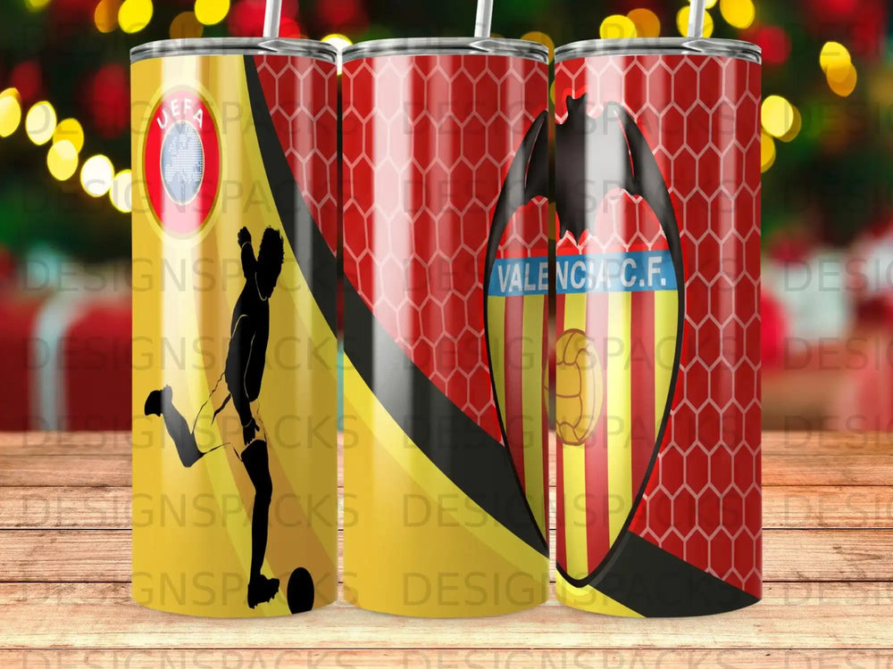Three tumblers with Valencia CF logo, red, yellow, and black design.