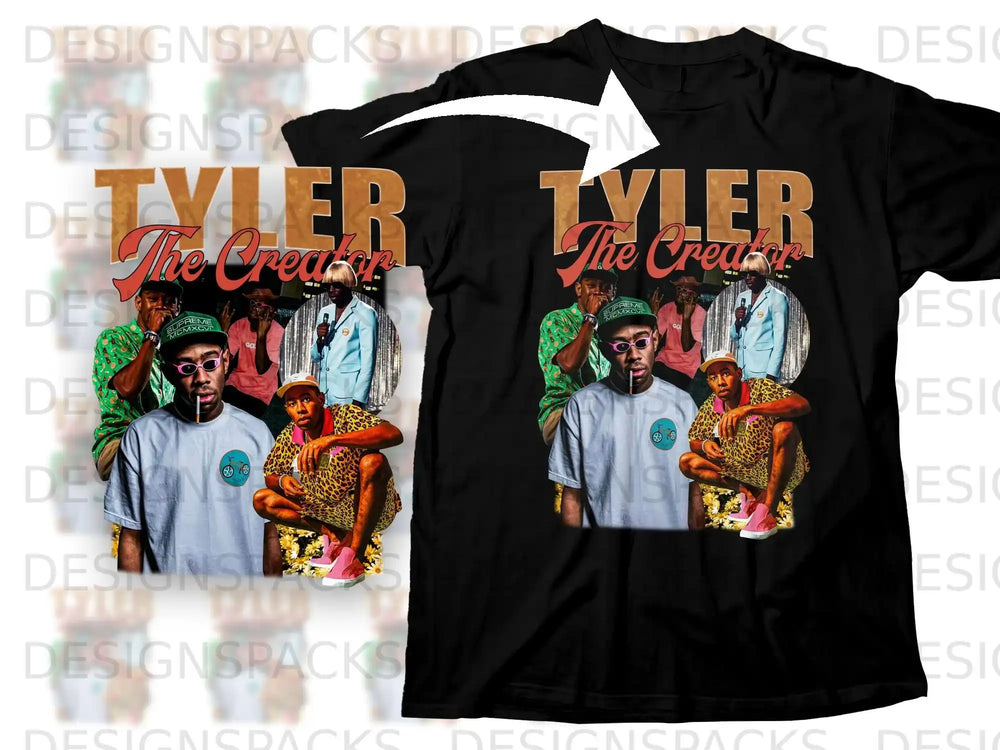 Black t-shirt mockup featuring a graphic of Tyler, the Creator in sunglasses and leopard print shorts.