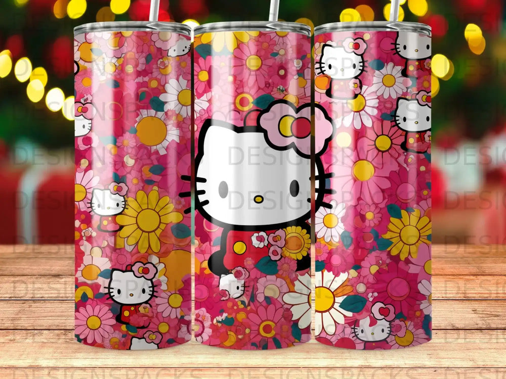 Hello Kitty floral tumbler with pink and yellow flowers on a pink background.