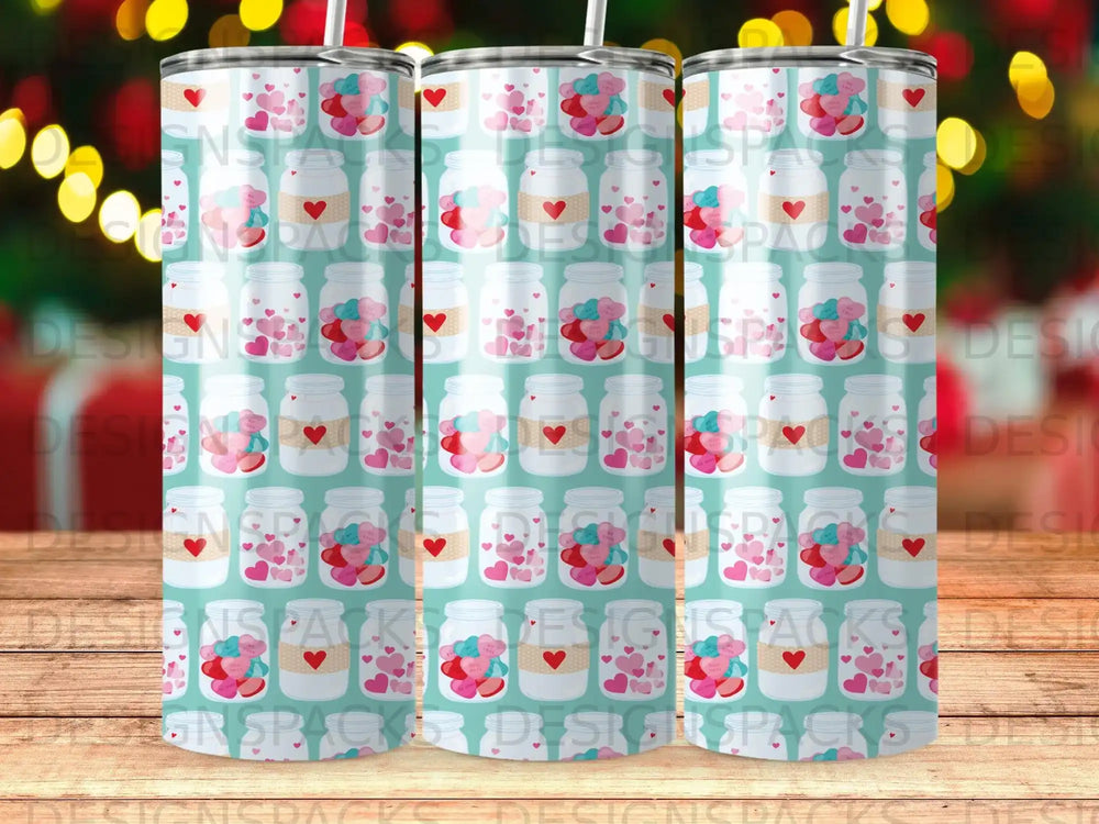 Pattern of mason jars filled with hearts and candy, with "Love" and "Soulmate" text.
