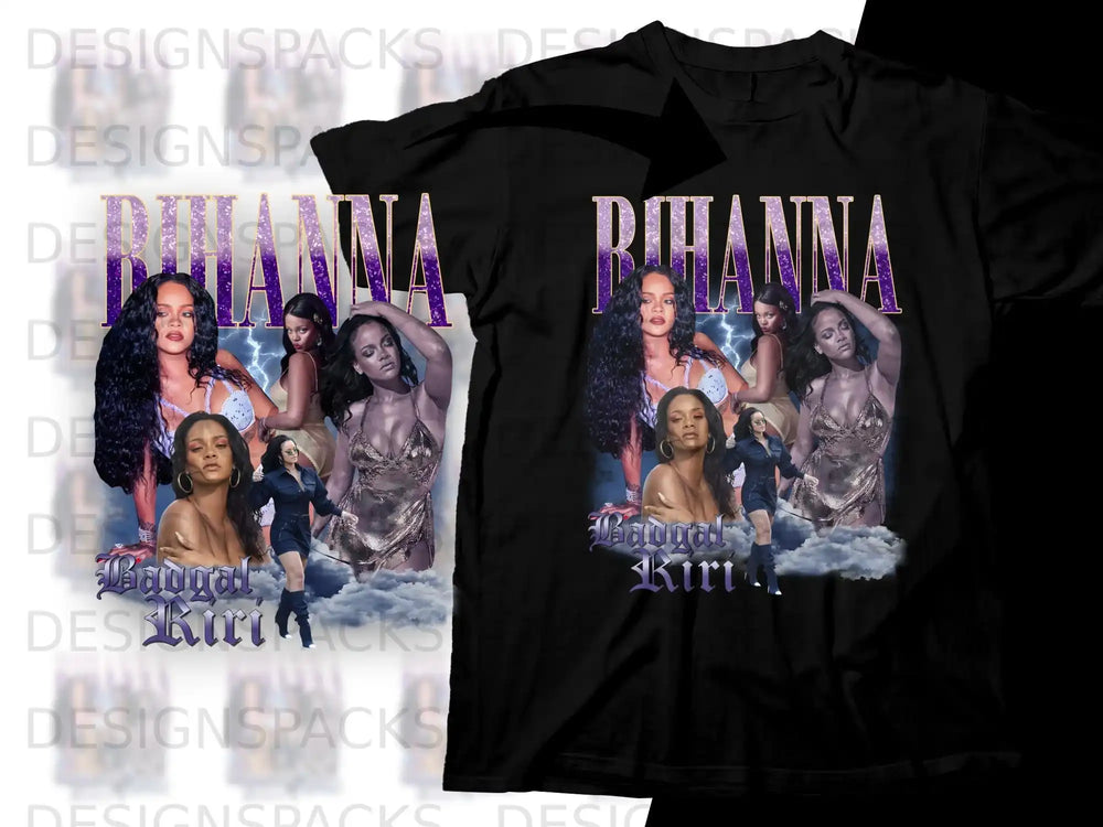 Black t-shirt with Rihanna collage featuring "Baggal Kiri" text.