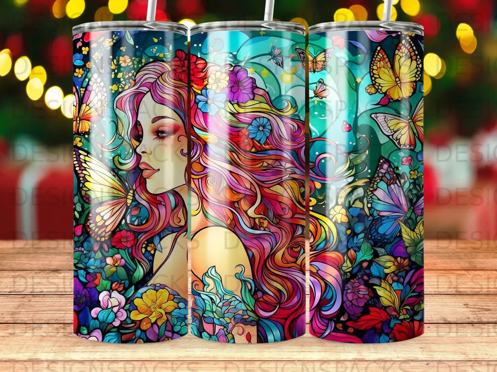 Woman with colorful hair and butterflies on a floral tumbler.