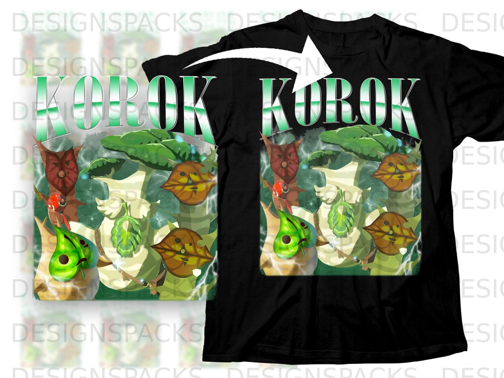 Black t-shirt with green "KOROK" text and a colorful depiction of Korok characters.