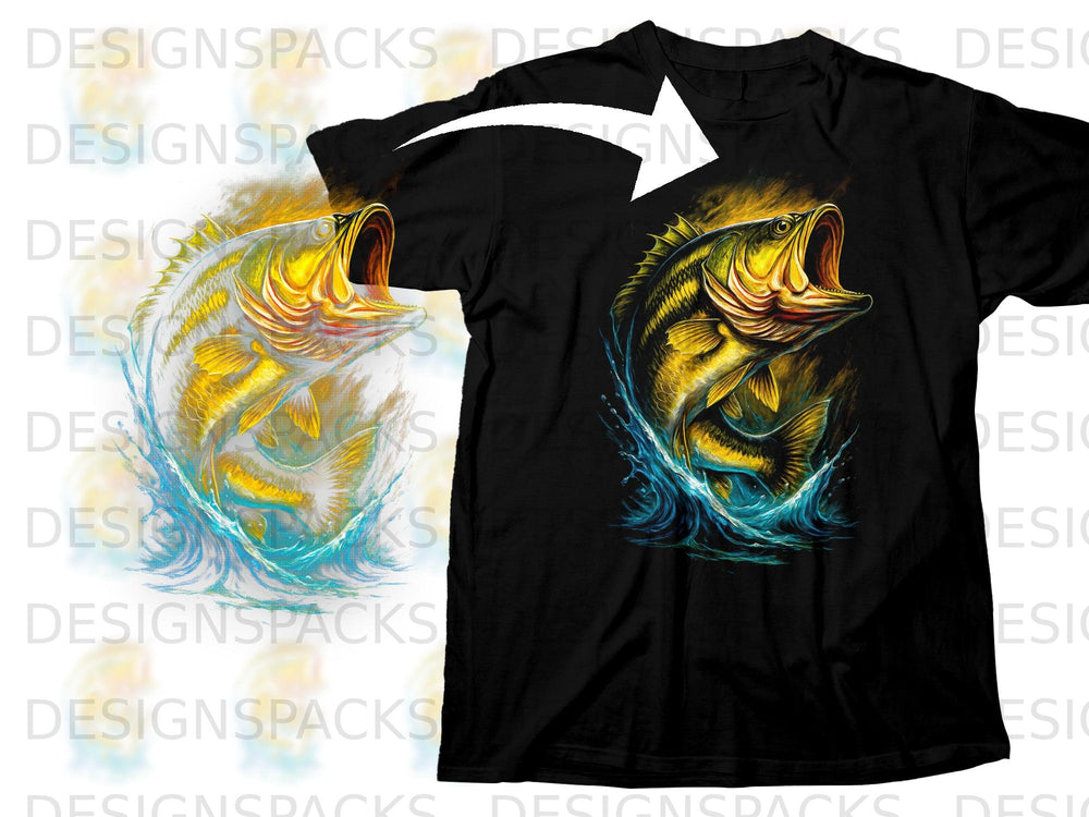 Black t-shirt with a dynamic, yellow and white bass jumping from blue water.