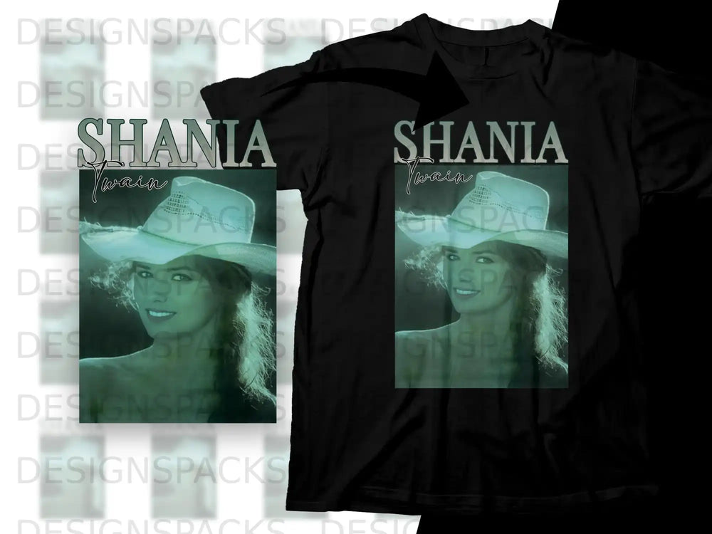 Shania Twain in a hat, black t-shirt with graphic.