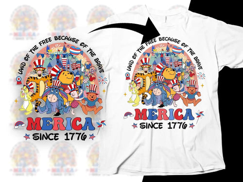 Patriotic Winnie the Pooh t-shirt design with 'Merica Since 1776' and American flags
