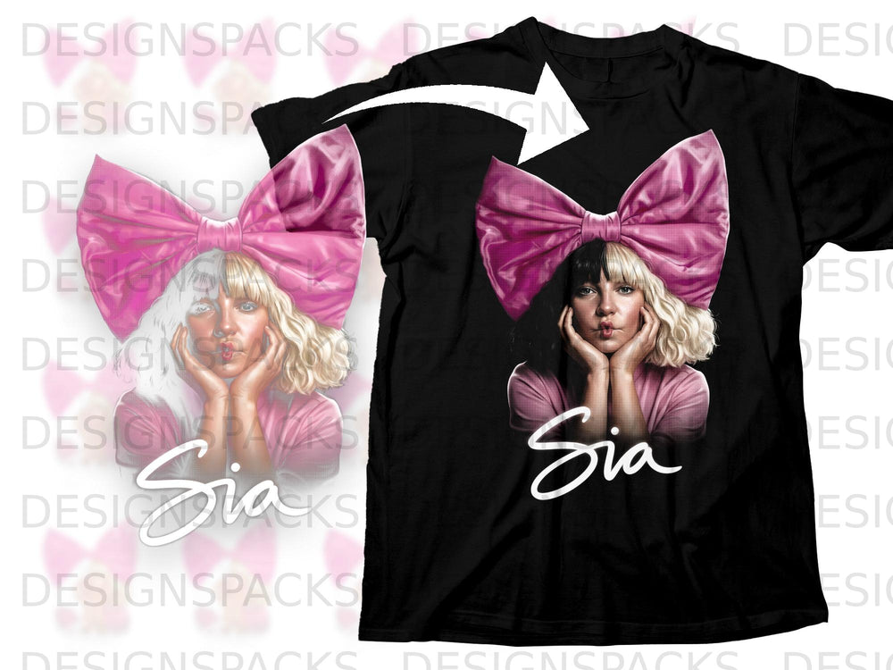 Black t-shirt with Sia's portrait and signature above a large pink bow.