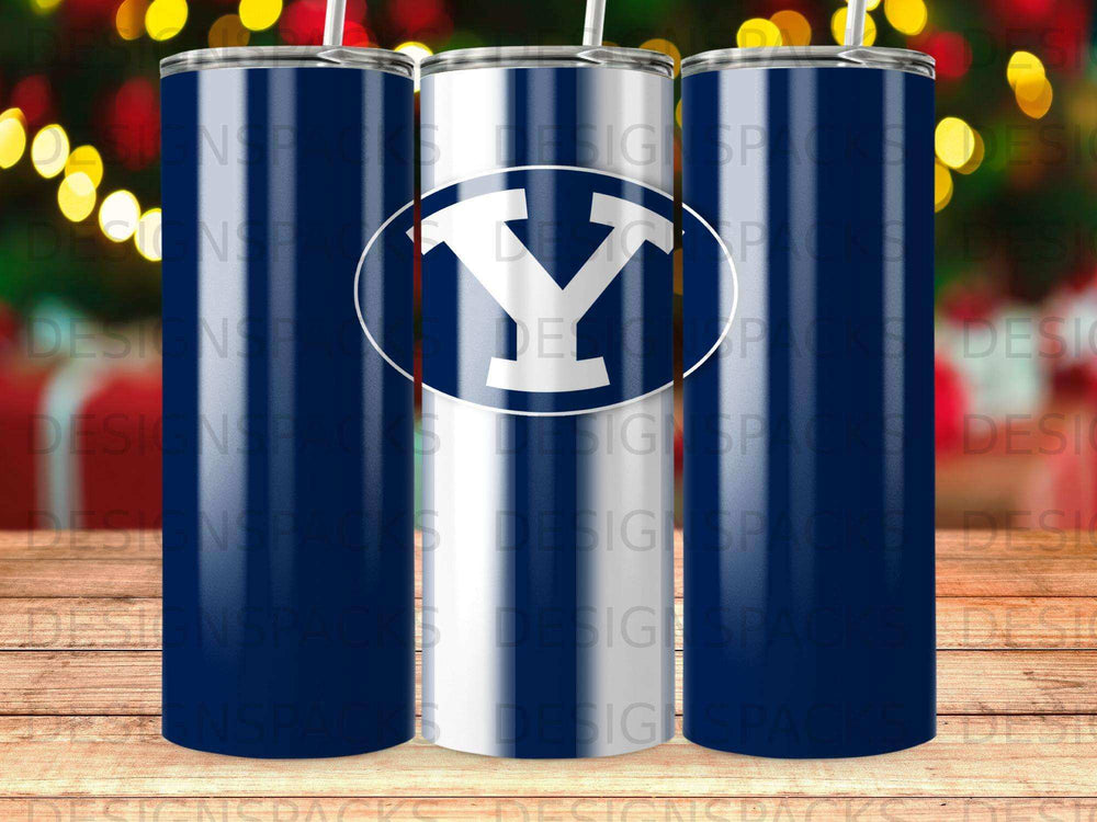 Three BYU Cougars tumblers with blue, white, and gold stripes.