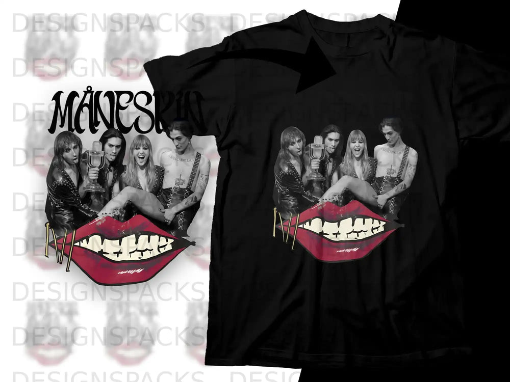 Måneskin band members with red lips graphic on black t-shirt.