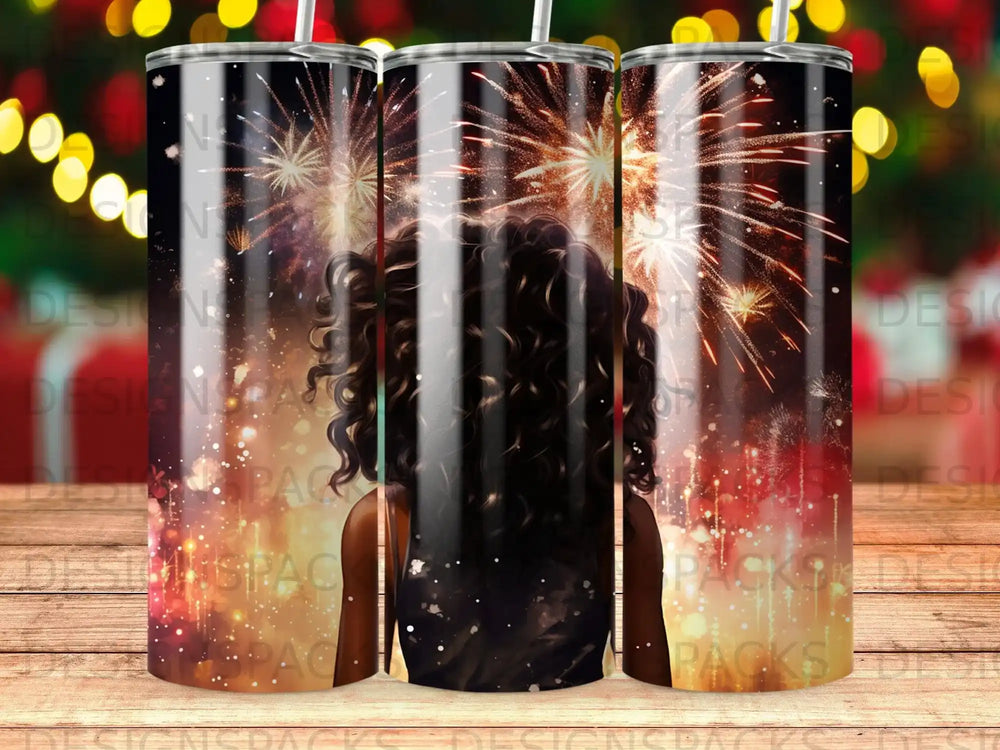Woman with curly hair watches fireworks from a tumbler cup.