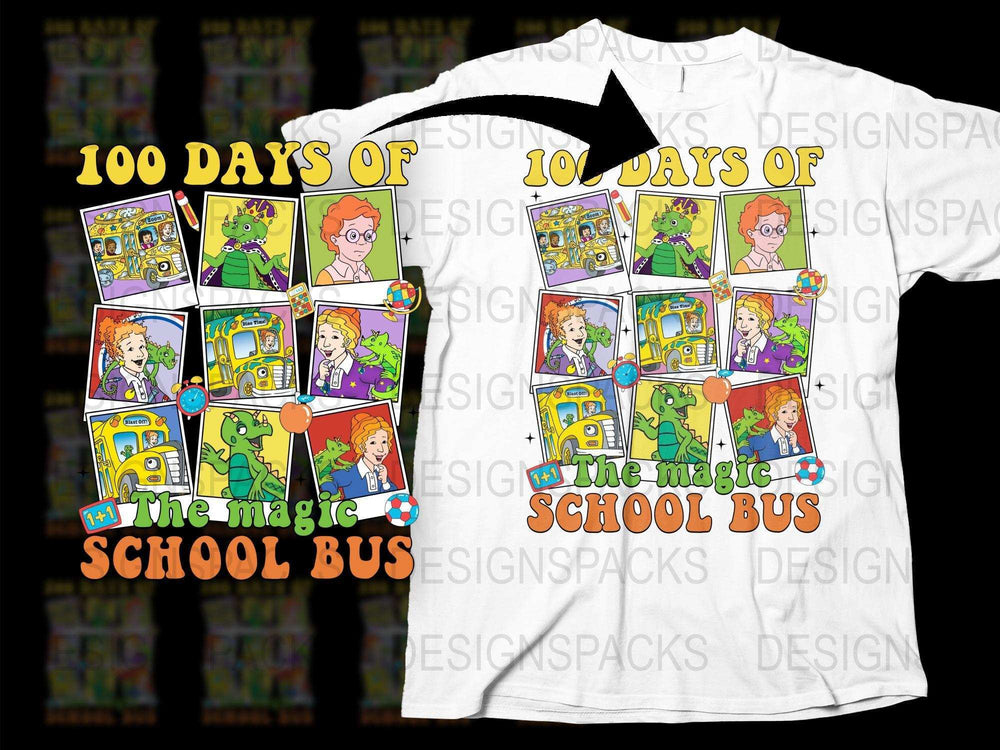 Magic School Bus T-Shirt, 100 Days of School Celebration, Colorful Cartoon Design, Kids Tee