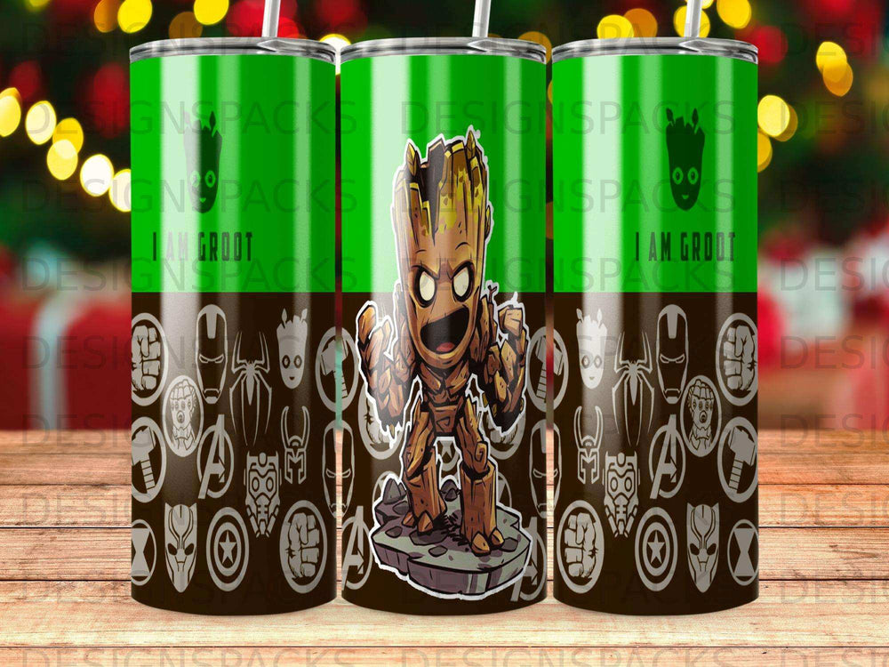 Groot character on a green tumbler with superhero logos.
