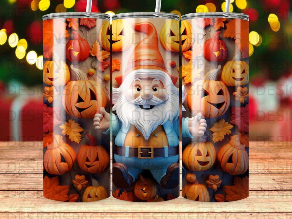 Gnome with pumpkins and autumn leaves on a tumbler.