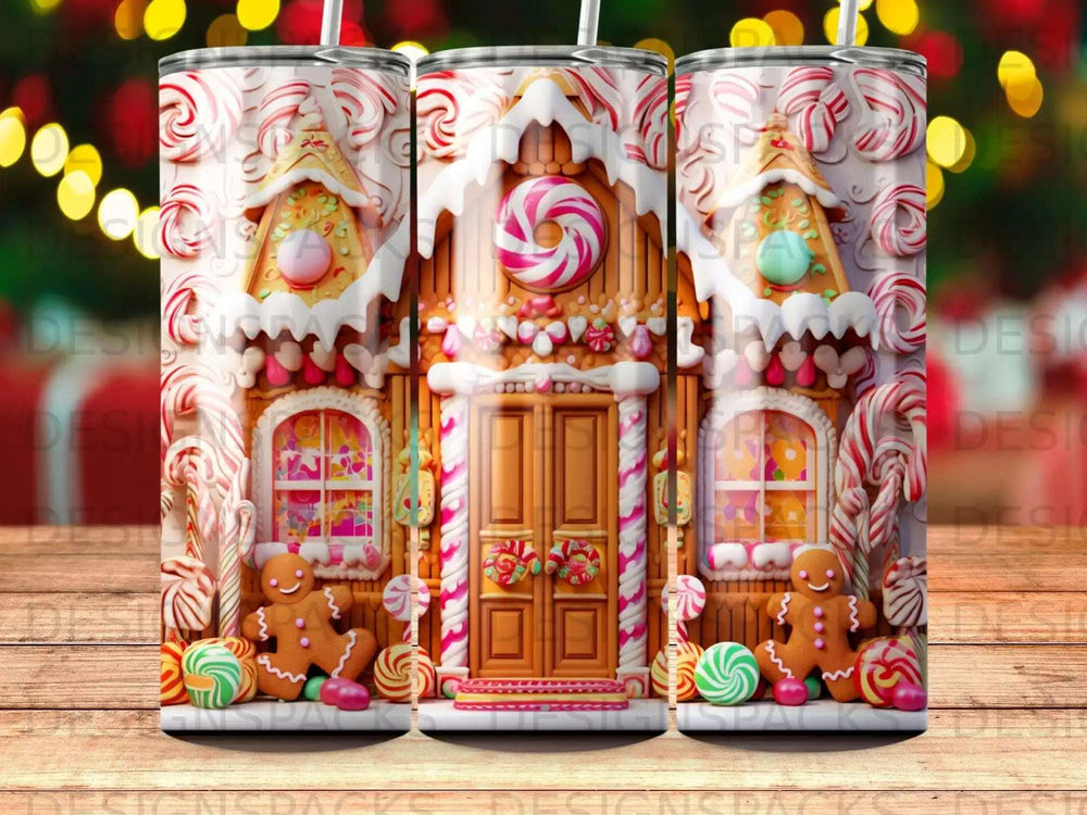 Gingerbread house design with candy canes and cookies on a tumbler.