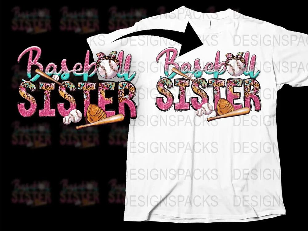Baseball Sister T-Shirt, Colorful Sparkly Design, Glitter Sports Fan Tee, Gift for Siblings, Kids and Adults Sizes Available