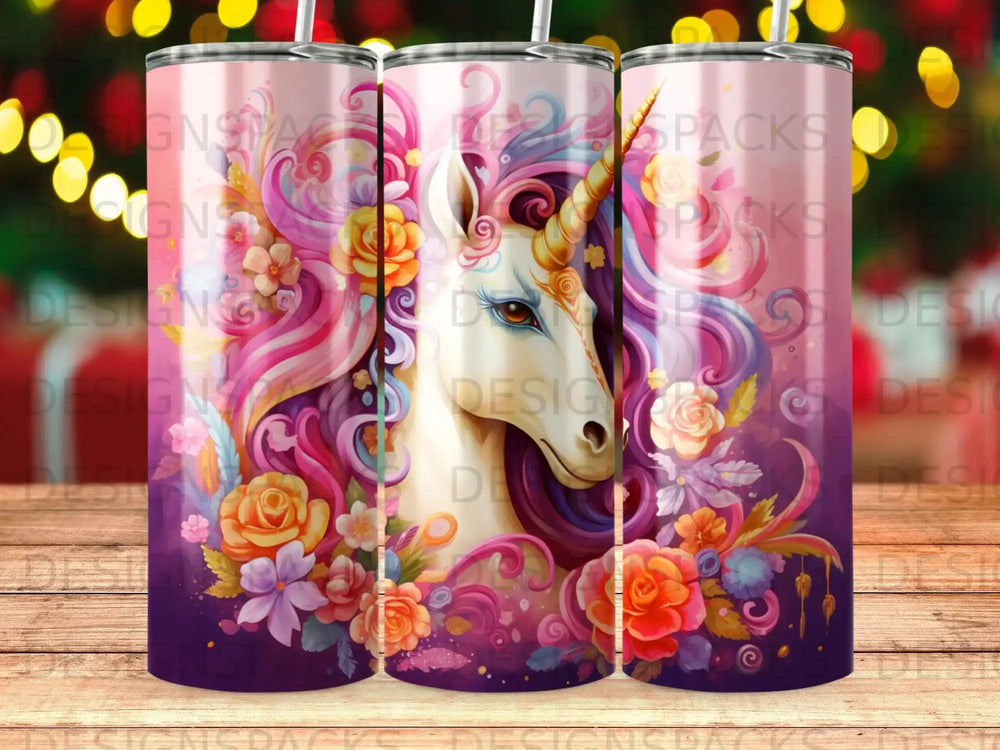Unicorn with floral accents on a pink and purple gradient tumbler.
