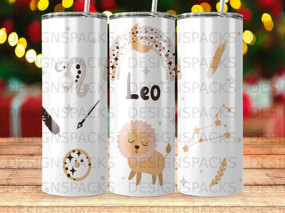 White tumbler with Leo constellation and sleeping lion design.