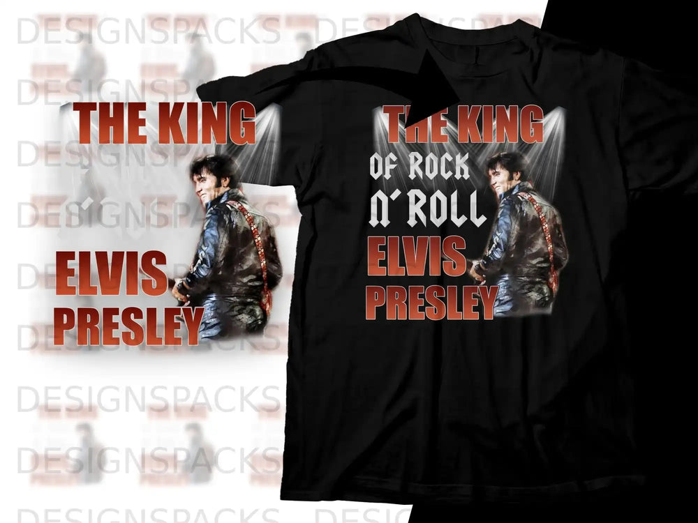 T-shirt with "The King of Rock N' Roll Elvis Presley" text and image.