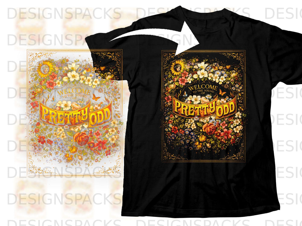 Black t-shirt with "Pretty Odd" floral design, "Welcome to the Sound of Pretty Odd" text.
