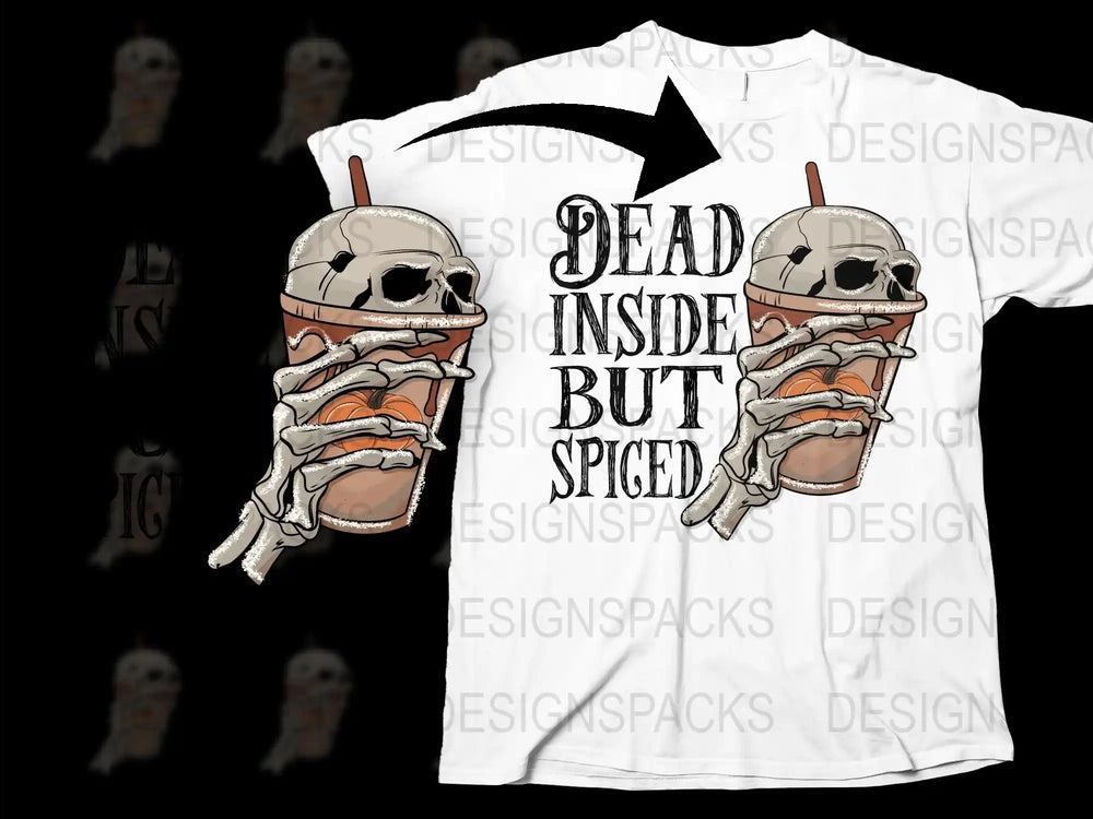 Dead Inside But Spiced T-Shirt, Skeleton Pumpkin Spice Latte Graphic Tee, Halloween Casual Wear, Unique Fall Shirt Design