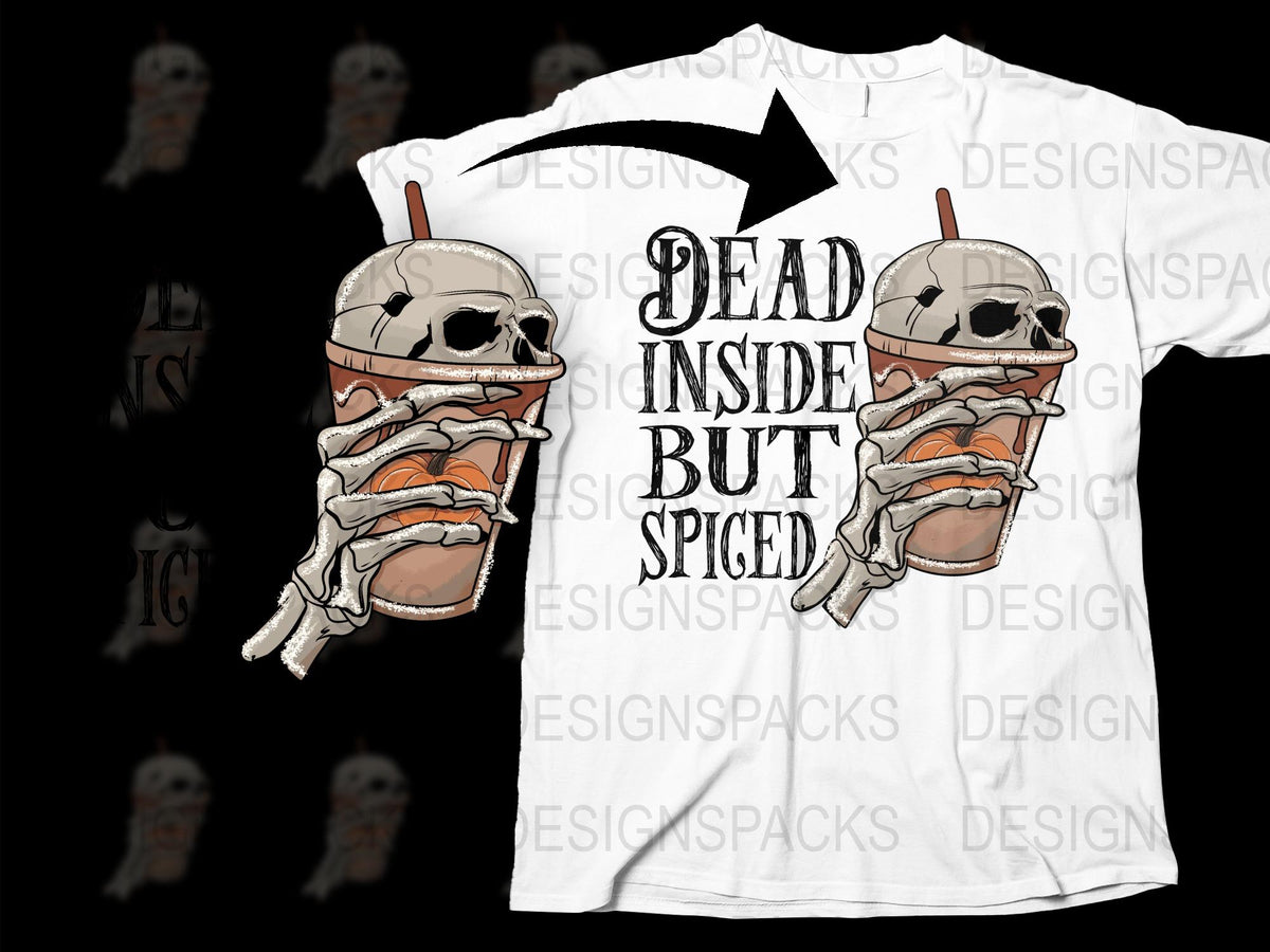 Dead Inside But Spiced T-Shirt, Skeleton Pumpkin Spice Latte Graphic Tee, Halloween Casual Wear, Unique Fall Shirt Design