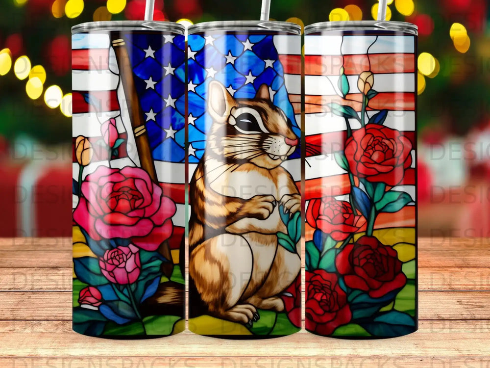 Chipmunk with American flag and red roses, stained glass design.