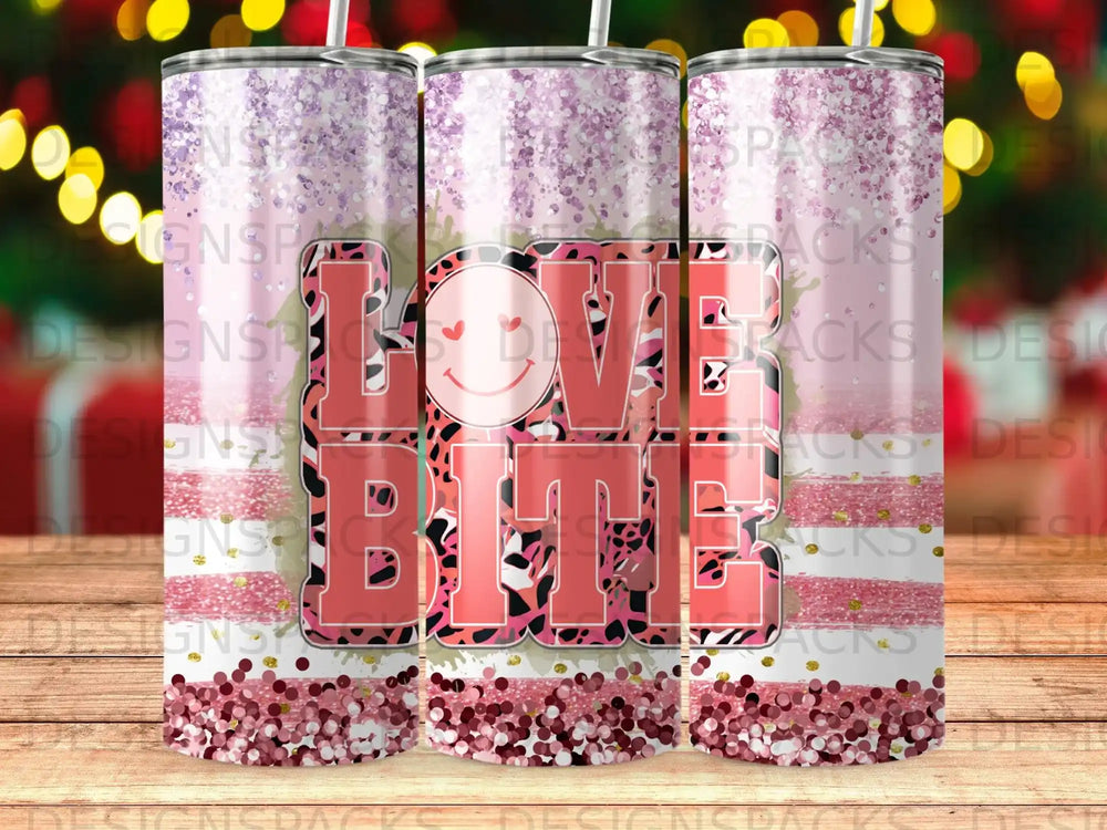 Tumbler with pink glitter, leopard print, and "Love Bite" text.
