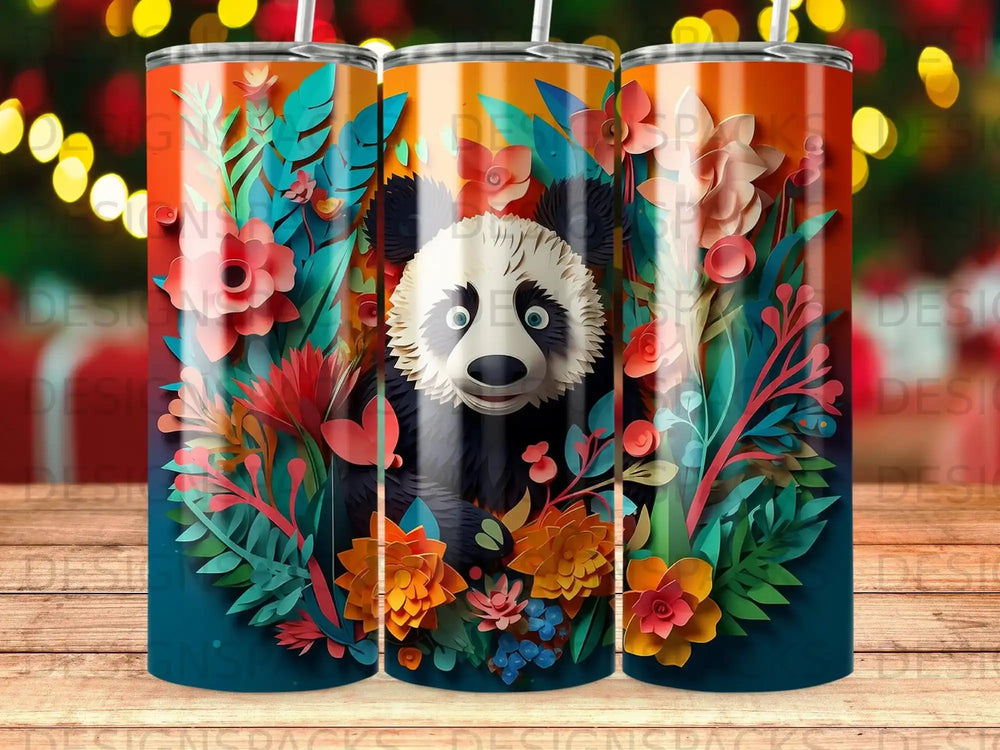 Panda surrounded by colorful tropical leaves and flowers.