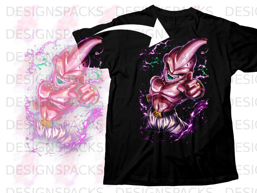 Majin Buu character with purple lightning on a black t-shirt.