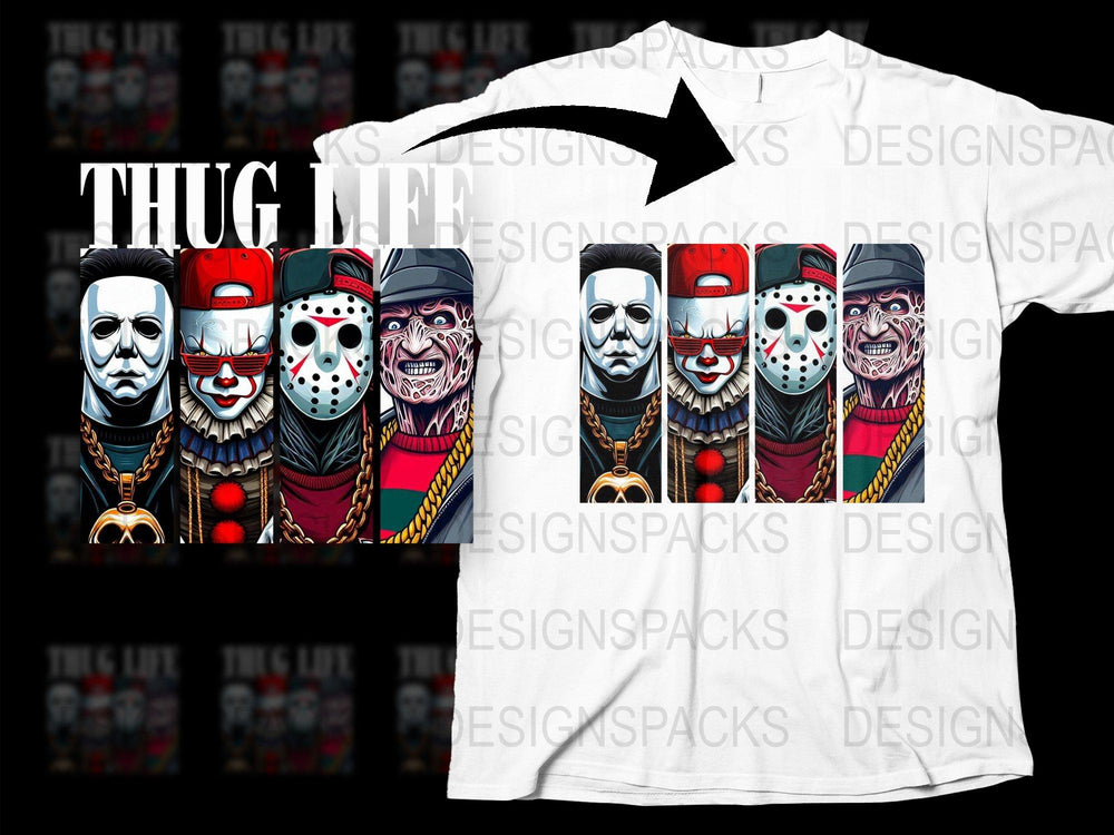 Thug Life Horror Clowns T-Shirt, Scary Clown Faces, Halloween Tee, Graphic Streetwear, Urban Hip Hop Style, Horror Movie Fans Apparel