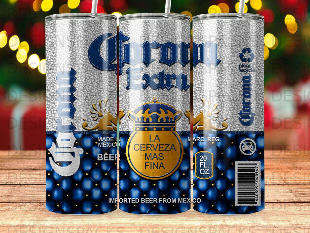 Corona Extra beer tumbler with blue diamond pattern and logo.