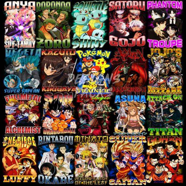 Anime character designs for DTF, DTG, and embroidery with vibrant colors and popular series themes