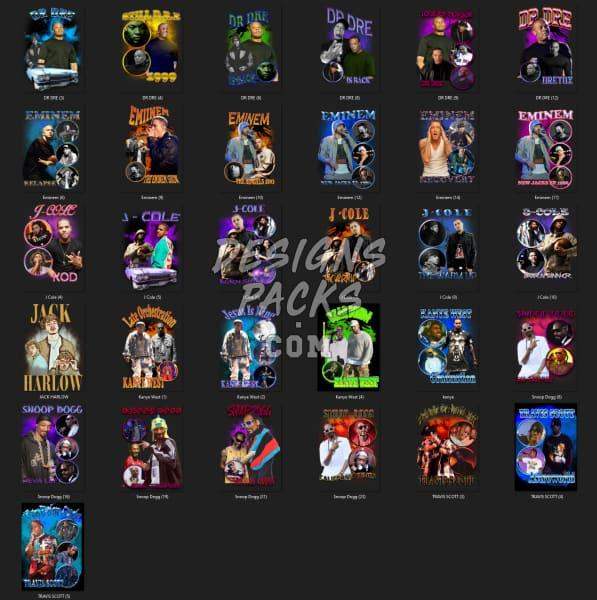 Print-ready DTF/DTG designs featuring hip-hop artists, ideal for t-shirts and merch